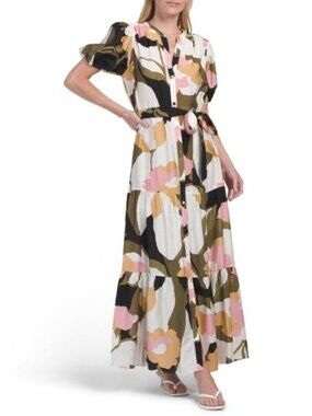 msk dresses long Msk Metallic-Print Pleated Blouson Gown - Black/Gold